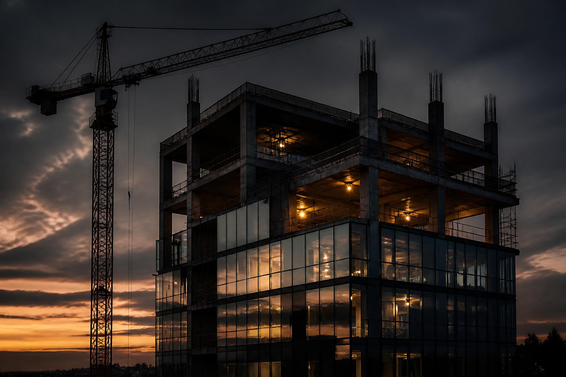 Modern concrete and glass building under construction at dusk