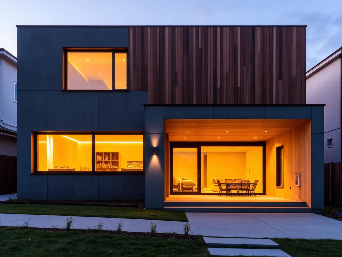 Modern two-storey home with dark cladding and warm timber at dusk