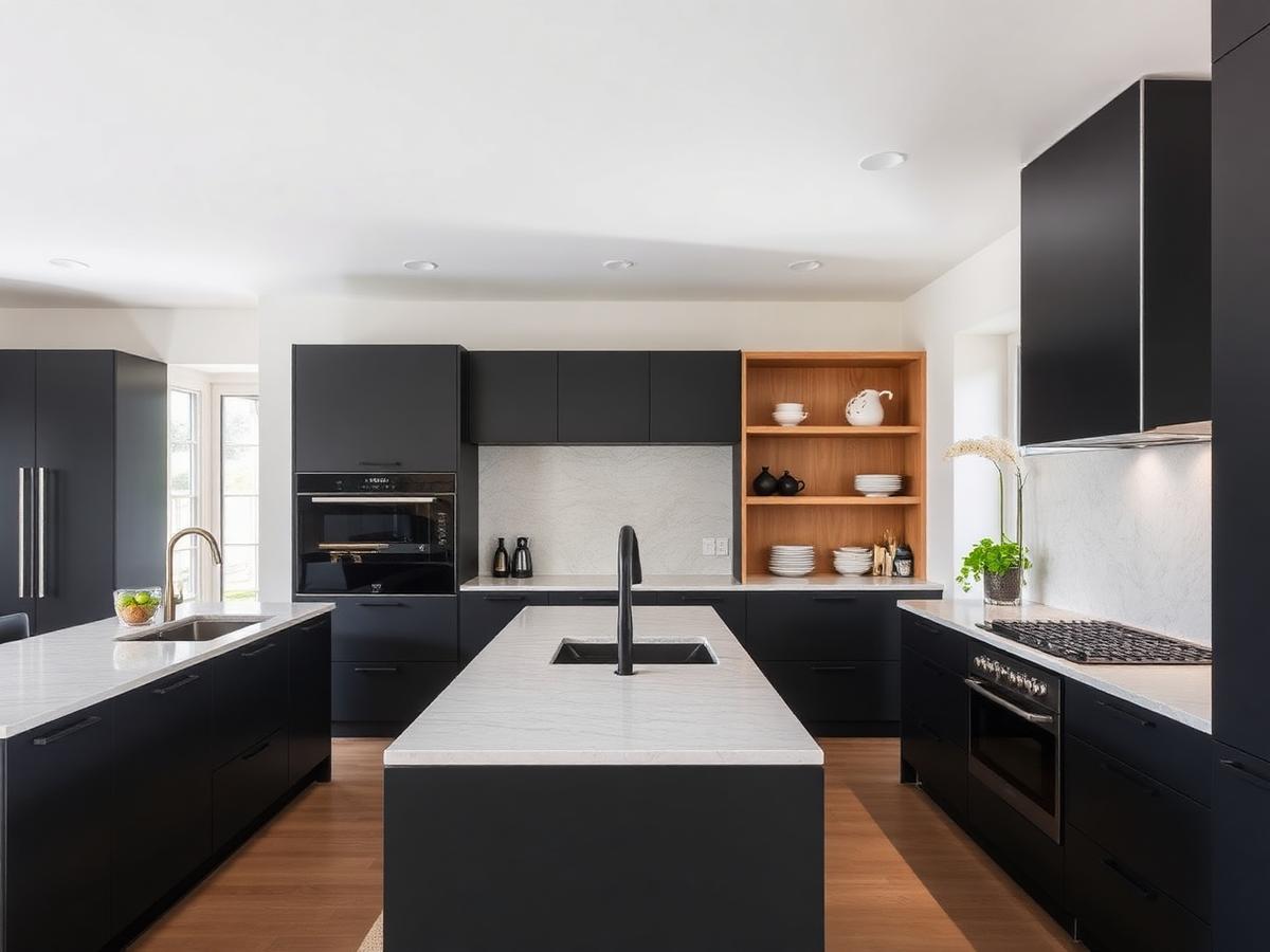 Matte black kitchen with stone waterfall island