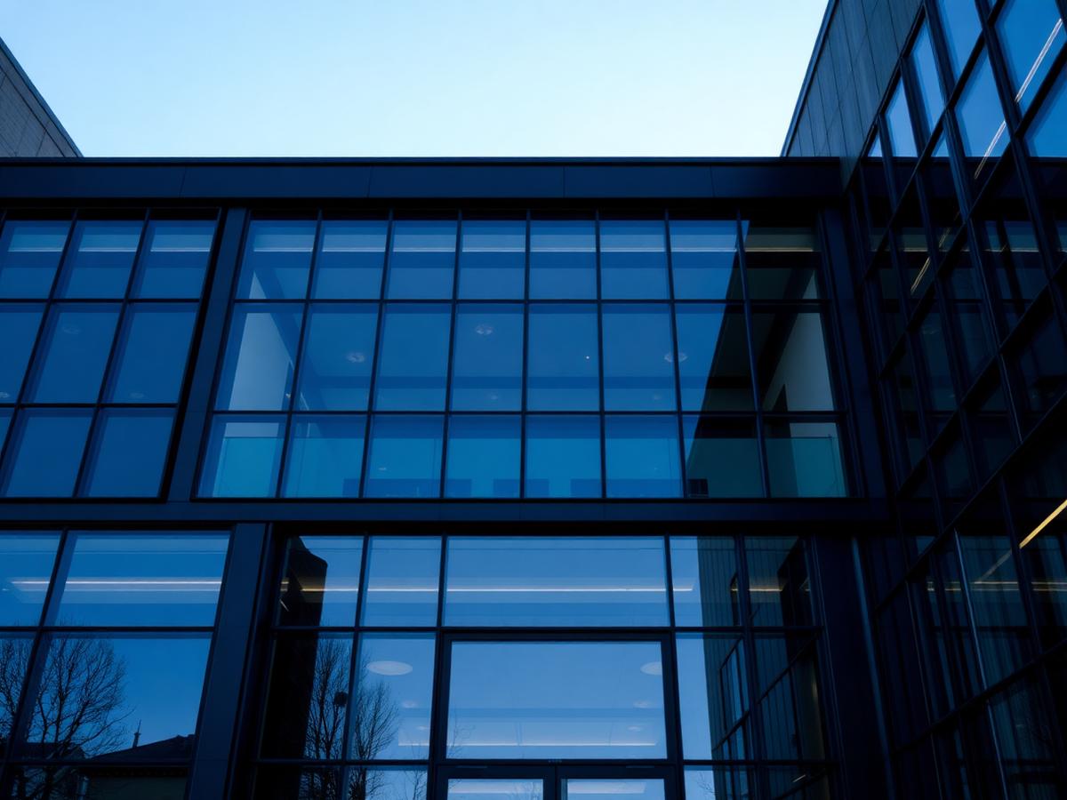 Contemporary glass and steel office facade at blue hour