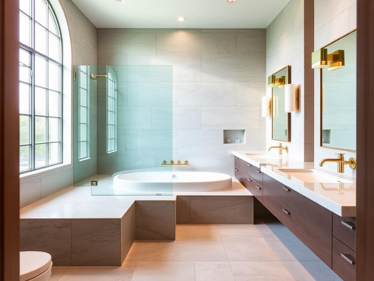 Luxury stone bathroom with walk-in glass shower