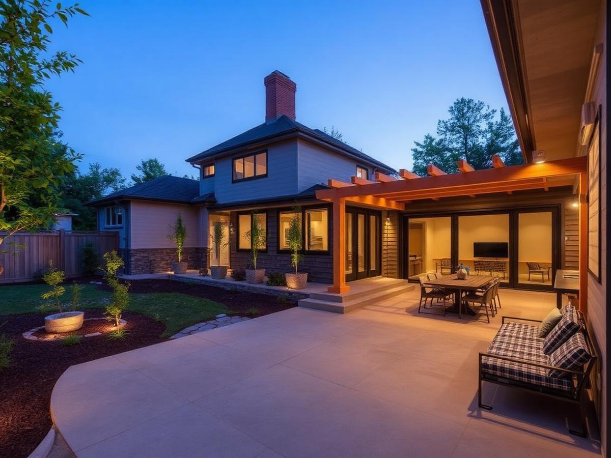 Modern outdoor living extension with cedar pergola